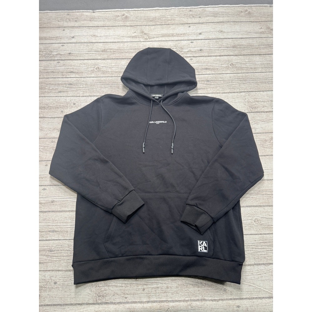 Karl Lagerfeld Paris Hoodie Men's XL Black Fleece Lined Relaxed Pullover Varsity